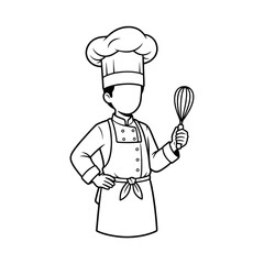 Naklejka premium professional chef mascot holding whisk wearing uniform and hat line art vector