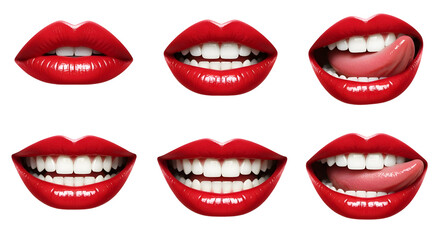 Six different mouth expressions with red lipstick and white teeth&nbsp;transparent background png