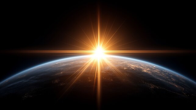 A breathtaking scene unfolds as the sun rises over Earth's curvature, casting golden rays into the darkness of the universe. The beauty of this cosmic moment captivates the imagination