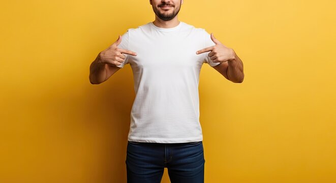 Man in white t shirt pointing at himself on yellow background