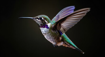 Obraz premium A hummingbird in flight with vibrant green and purple feathers