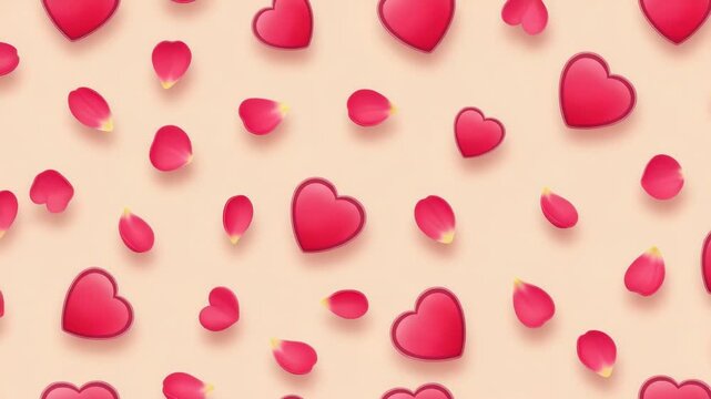 Valentines day background with hearts and rose petals on peach color