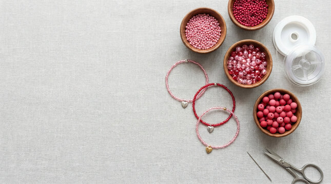Crafting jewelry for Valentine's Day on February 14 with colorful beads and supplies