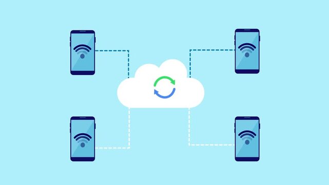 Flat vector illustration of a cloud with a sync icon connected to four smartphones, representing mobile cloud data synchronization on a light blue background.
