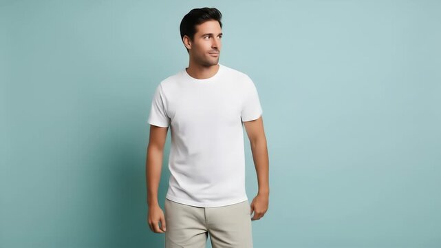 Full body shot of a man in casual attire, white t-shirt and tan shorts, standing and looking sideways against a plain teal background.