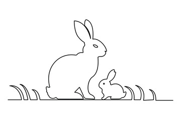 Fototapeta premium Rabbit and baby bunny one line art drawing in the grass