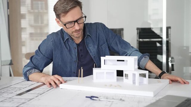 Stressed architect feeling overwhelmed and frustrated, suffering from burnout while working on blueprints for a tight project deadline in a modern office setup