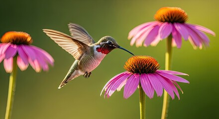 Obraz premium Hummingbird sips nectar from a vibrant purple flower in a sunny garden