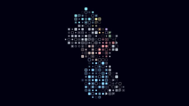 Guyana map animation. Shape of the country with pulsating colored dots. Large size rounded square blocks. Digital style Guyana map on dark background. Plain video.