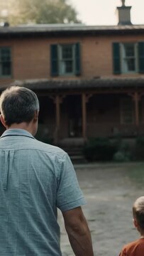 Vertical video: Walking dad in blue and son in orange from drive edge to wooden porch, heading home