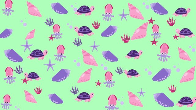 Turtle shells, starfish, squid patterns on light green backdrop. Suitable for marinethemed designs, wallpapers, and childrens products.