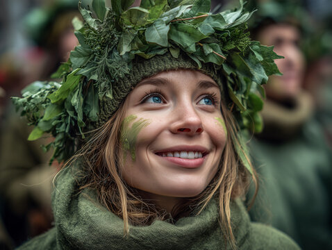 
Joyful young woman with green face paint wearing a crown of leafy branches, representing Earth Day or a nature-themed celebration
