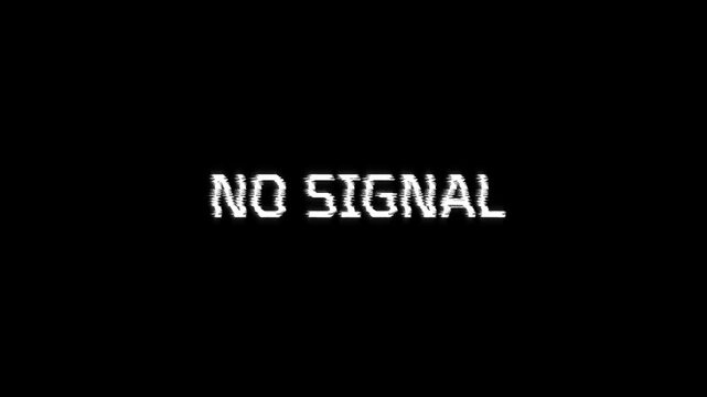 no signal text glitch warning animation pixel effect. computer program hacking network errors message. 4k video black glitched background. signal error