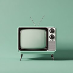 minimalist old green television with blank green screen on clean pastel background and soft natural lighting