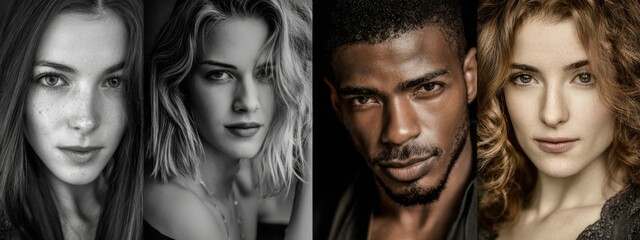 Obraz premium Modern Portraits of Diverse Individuals Reflecting Unique Expressions and Personalities in High-Quality Black and White Photography