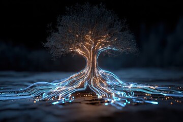 Glowing tree with digital circuit roots, sustainability futuristic technology concept