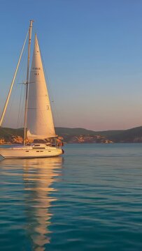 Vertical video: Framing camera showing white sailboat bobbing in calm bay mast capturing gold light