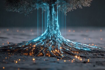 Glowing tree with digital circuit roots, sustainability futuristic technology concept