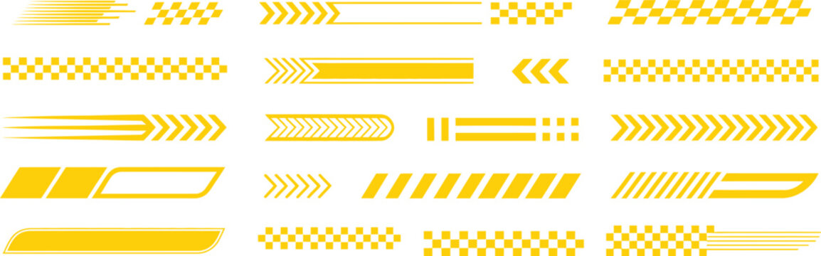Motorsport racing stripe vector set featuring checkered flag, finish line, motocross labels, dynamic lines, sport vehicle decals tuning speed graphics