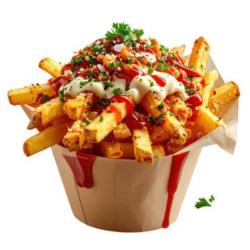Close-up of a kapsalon, showing the layers of crispy fries, savory meat, and fresh vegetables, isolated on white background