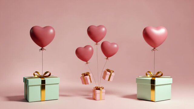 A group of heart shaped balloons floating above gifts on a pink background for valentines day