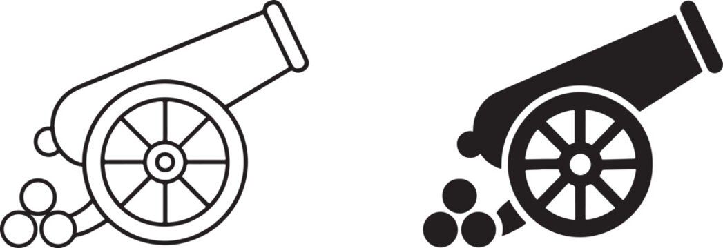 Cannon icon in black silhouette and outline style, military weapon symbol vector design.