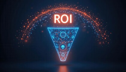 Marketing automation CRM integration concepts. A digital illustration showcasing a funnel shape with "ROI" prominently displayed, surrounded by a network of glowing nodes and connecting lines.