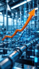 Marketing automation CRM integration concepts. A visually striking representation of industrial pipelines with a digital upward trend arrow, symbolizing growth and innovation in technology.