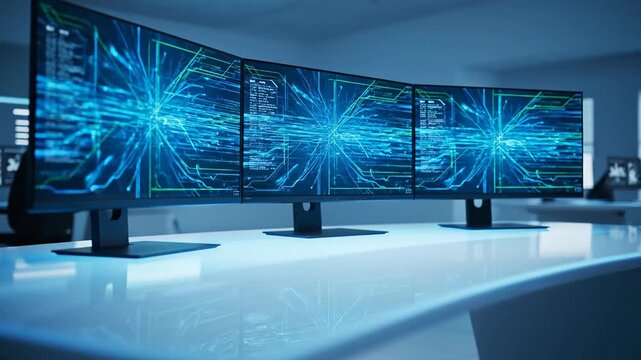 Modern office with three monitors displaying abstract data patterns.