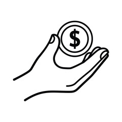 Closeup of a stylized hand holding a single coin with a dollar sign in the center isolated on transparent background