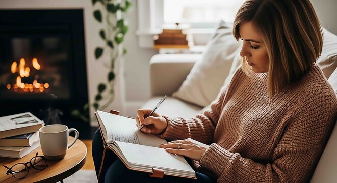 Woman writing in journal by fireplace with coffee and glasses