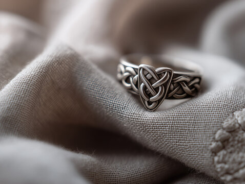 Celtic silver knot ring in a minimalist lifestyle setting, representing heritage and timeless craftsmanship on soft neutral linen