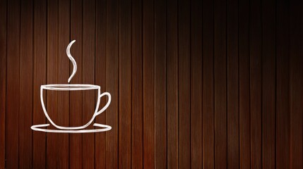 Chalk drawing of a steaming beverage cup rests on a rich, dark vertical wooden panel background