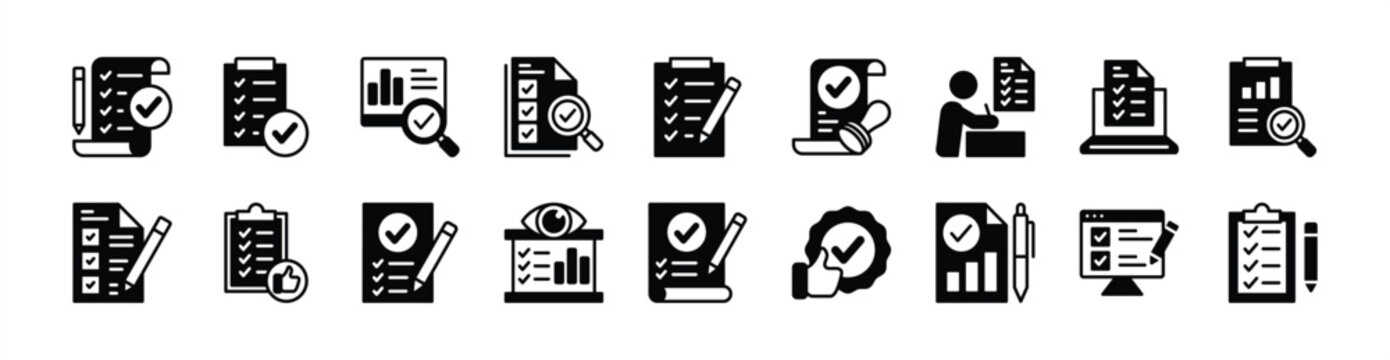 Quality control icon vector set. Contains evaluation, checklist, inspection, validation, checkmark, data analysis, review, list, testing, specification, consistency, approval, monitoring, report