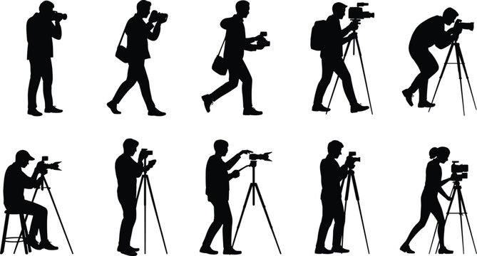 Photographer and videographer silhouettes in action, camera poses, tripod setup, black icons, creative media, visual storytelling