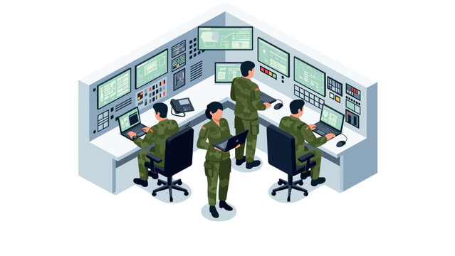 Modern command center with military personnel operating computers in isometric style