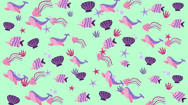Background with shells, seaweed, sea creatures. Suitable graphics for marine life, ocean themes, educational materials, and nature designs.
