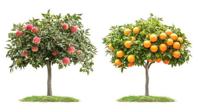 Two fruit trees with apples and oranges on transparent background
