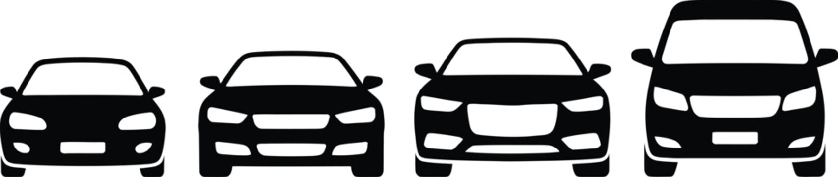 Flat style car icon set showing front view automobile sedan van delivery transport car sharing symbols isolated white background vector