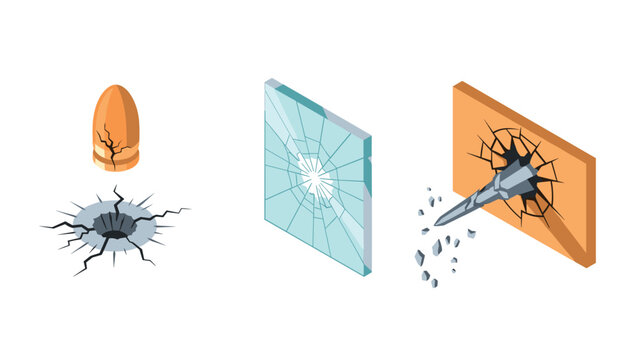 Isometric bullet impact on wall and glass with cracks and debris