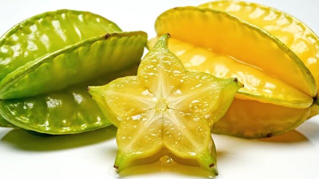 A closeup shot of carambola fruits in various shades of green and yellow One fruit is sliced showing a star shape