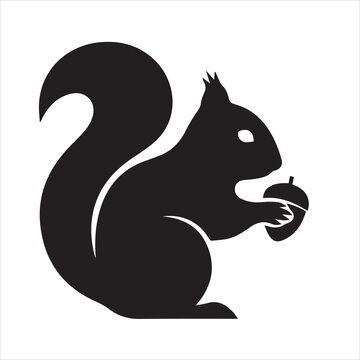 Black and white icon depicting a squirrel with chestnuts, vector icon on a white background.