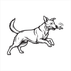 Fototapeta premium A vector illustration of a dog holding a single twig in its mouth against a white background., vector illustration of a dog