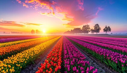 A magical landscape with sunrise over tulip field flower