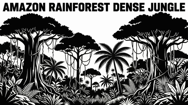 Amazon rainforest featuring dense tropical vegetation, giant canopy trees, vines, palms, and diverse jungle plant species representing South American ecosystems detailed black and white vector