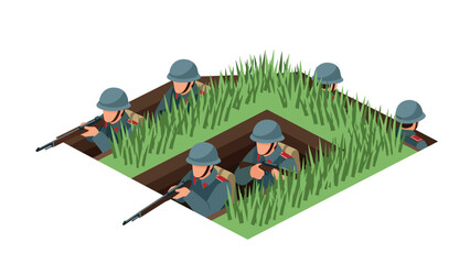 Fototapeta premium Isometric soldiers in trench with grass cover during historical warfare