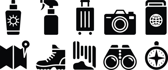 Collection of various black silhouette icons representing travel, vacation, and outdoor adventures