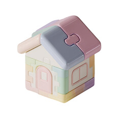 Isometric, colorful 3D toy house made from interlocking puzzle pieces. Soft pastel hues dominate