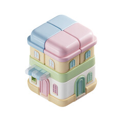 Isometric 3D rendering of a colorful, layered building with multiple floors