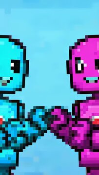 Vertical video: Closing distance cyan or pink bots bumping fists at pixel backdrop, greeting emblems